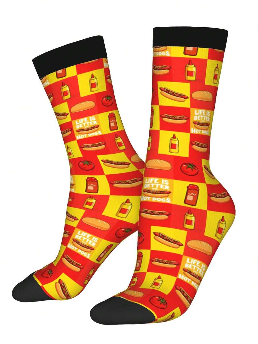 1 Pair Retro Life Is Better With Hot Dogs (1) For Men & Women 3D Digital Printed Athletic Socks, All-Season Comfort For Fitness, Hiking, Travel & Casual Attire Matching Couple Gift For Birthdays, Weddings, Mothers Day - 黑色 - 查看 1