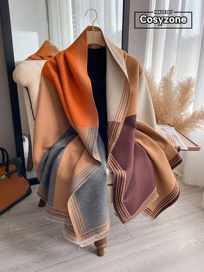 1 pieza Chal/Bufanda reversible de mujer de estilo de bloque de color de imitación de cachemira, versátil, con aire acondicionado, grueso y cálido, con decoración de broche de cristal minimalista, adecuado para uso diario, otoño/invierno