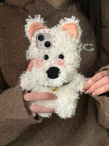 可爱蓬松卷毛狗毛柔软硅胶手机壳适用于 14/16/16 Pro/16 Pro Max/17，秋冬 - 白色 - 查看 3