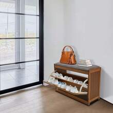 Shoe Storage Bench, Bamboo Entryway Bench, 2-Tier Shoe Rack, 27.5*9.4*17.3in Shoe Organizer With Padded Seat Cushion For Entryway Living Room Bedroom, Holds Up To 220.5 Lbs, Brown, Simple Assembly