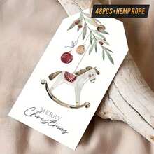 48pcs Vintage Christmas Gift Tags With Jute Twine - Elegant Rocking Horse, Red Berries & Hanging Loops, For Gift Wrapping, Classic Holiday Design With "Merry Christmas" - Suitable For Personal Or Commercial Use - Nostalgic Christmas Party Decor, Holiday Packaging Tags, Holiday Illustrations, Illustrations, Christmas Cards