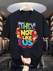 Men'S Summer Casual Short Sleeve T-Shirt - "THEY NOT LIKE US" Colorful Letter Print, Round Neck, Regular Fit, Lightweight Polyester Blend, Perfect For Casual Attire, Summer T Shirts - màu đen - Xem 1