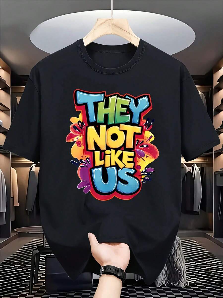 Men'S Summer Casual Short Sleeve T-Shirt - "THEY NOT LIKE US" Colorful Letter Print, Round Neck, Regular Fit, Lightweight Polyester Blend, Perfect For Casual Attire, Summer T Shirts - màu đen - Xem 1