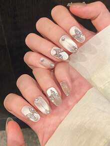 10pcs Butterfly Glass Beads Cat's Eye White Flashing Handmade Wear Nails Press On Nails Short Oval/Medium Length Coffin Fake Nails, DIY Nail Art Supplies Music Festival - White - View 2
