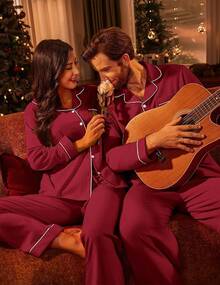 Couple Matching Pajamas 100% Cotton Long Sleeve Sleepwear Button Down Loungewear Pjs Set S-XXLhalloween - 葡萄酒 - 查看 10