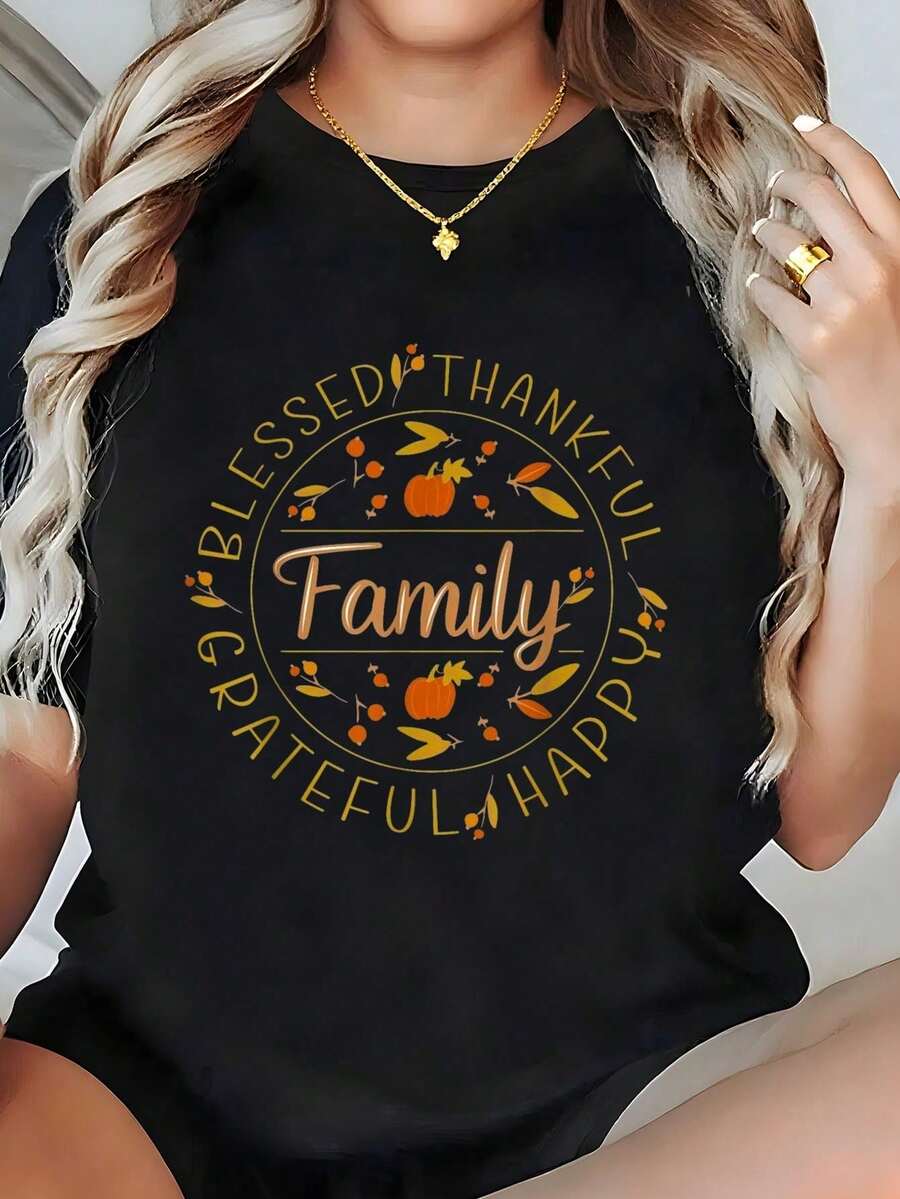 100% Algodón Camisetas Unisex Familiar Agradecido Camiseta de Acción de Gracias Transpirable y Cómoda Camiseta de Mujer de Manga Corta Cuello Redondo para Todas las Estaciones Camisetas Gráficas Tops de Mujer Camisetas Gráficas Tops Cortos de Mujer Conjuntos de Verano Moda de Mujeres Camiseta - Negro - Ver 1