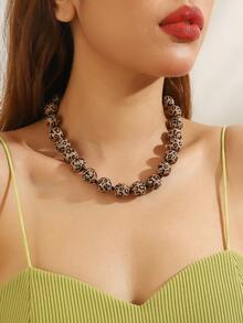 1 pieza Collar tejido a mano con cuentas, estilo bohemio, con diseño geométrico redondo de resina con estampado de lunares y leopardo, para regalo y uso diario