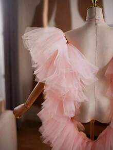 Multi-Color Chiffon Shawl, Suitable For Bride, Emcee, Evening Gown, Performance, Photography - Coral Pink - View 2