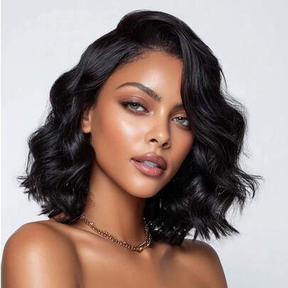 QVR QUEEN VIRGIN REMY 150% 密度波浪卷发波波头假发，真人发丝，宽松深蕾丝前额波波头假发，侧分，预先拔毛