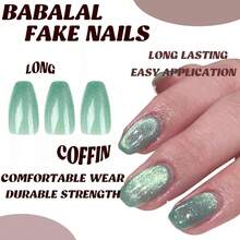 Coffin Press On Nails Long Fake Nails Green Chrome Glue On Nails 24Pcs Cat Eye Shiny Ballerina Acrylic Nails For Women And Girls - 多色6 - 查看 5