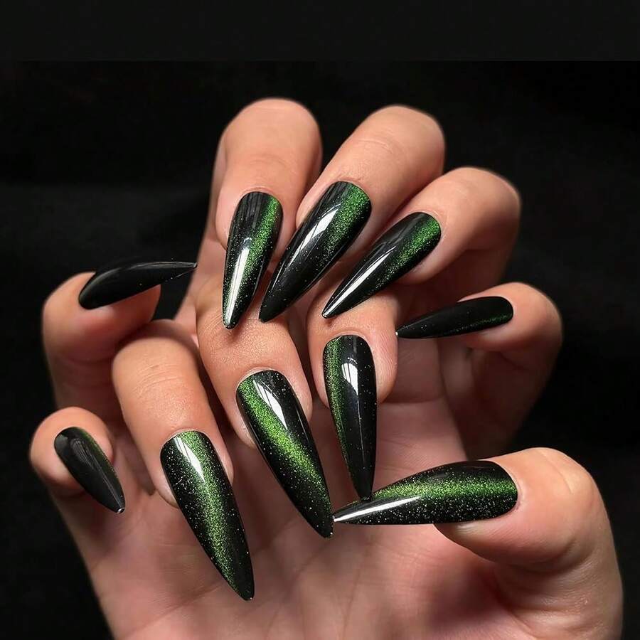 Press On Nails Long Stiletto Fake Nails Green Glue On Nails Magnetic Cat Eye Design Bling Acrylic Nails 24Pcs Goth False Nails Manicure Almond Stick On Nails Handmade Gel Artificial Nails - 多色22 - 查看 1