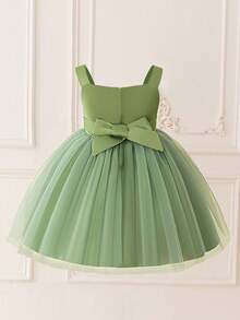 Young Girls' Sleeveless 3D Floral Mesh Tulle Elegant Flower Girl Dress For Wedding, Party, Vacation, Excluding Headband - 綠色 - 查看 2