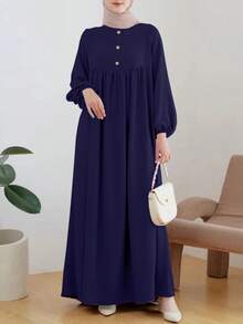 Women's Elegant & Comfortable Abaya Dress With Round Neck And Buttons, Quick Ship - Navy Blue - View 7