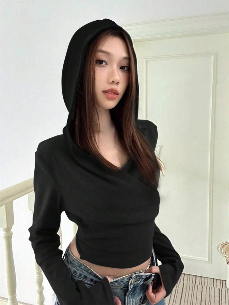 时尚长袖连帽 V 领拉链修身上衣 - 黑色 - 查看 1