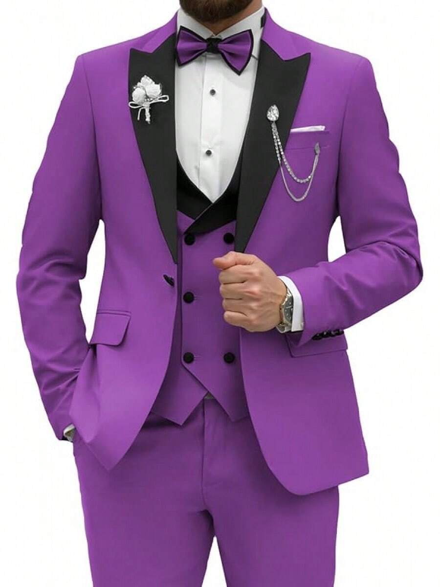 2026 Men's Casual Blazer & Pant Set Men's Tuxedo Suit 3 Piece Slim Fit Suit For Men Tuxedo For Men Wedding Party Dinner Prom Relaxed Stretch Fit For Smart Casual Events - 紫色 - 查看 1