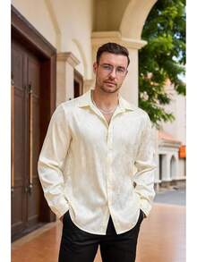 Mens Satin Dress Shirts Long Sleeve Silk Shirt Shiny Luxury Button Up Floral Shirt Party Prom Wedding Shirtshalloween - 米色 - 查看 9