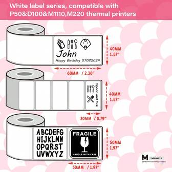  Marklife Label Maker Paper, Original Self-Adhesive Thermal Labels, Compatible With P50/D100/M110/M220/M221, 1.96''x1.96''(50x50mm), Square Stickiness Stickers Multi-Purpose,White,180 Label/Roll For Clothing, Ingredient, Logo, Barcode, Address
