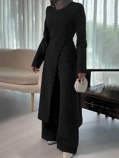 女士优雅纯色上衣和裤子两件套，通勤、休闲、开衩设计，优雅街头风黑色春季款