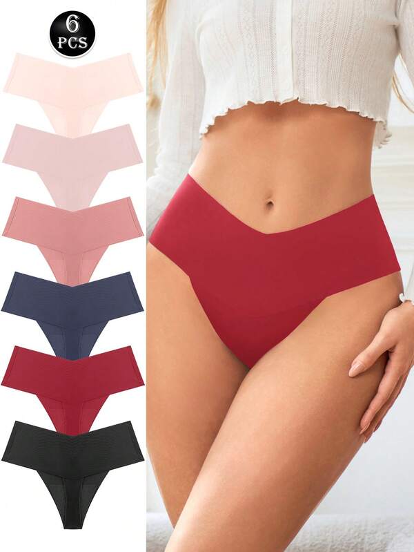 6pcs/Pack Seamless Silk Thong Panties, Sexy High Waist Thong Underwear For Women