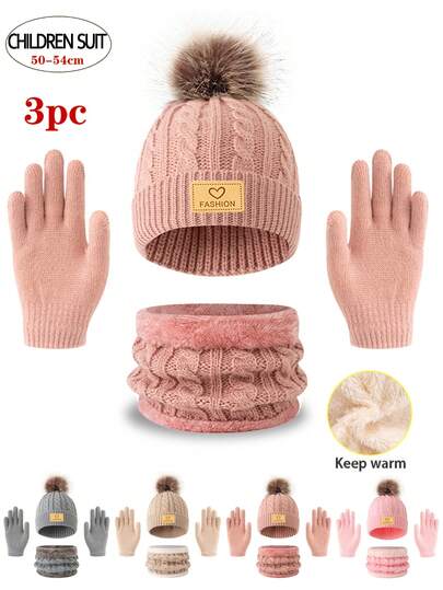 3pcs Kids Knitted Hat/Scarf/Gloves Set, 6 Colors Available, Thick Warm Winter Outfit, Minimalist Cute Fashion, Suitable For 3-12 Years Old Children Outdoor Hiking/Skiing And Daily Winter Wear