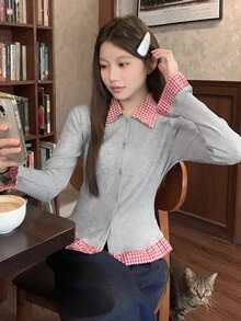 Áo thun dài tay 2 trong 1 cổ polo kẻ sọc tương phản dành cho nữ, dáng ôm, thích hợp mặc vào mùa xuân và mùa thu - hoa màu xám - Xem 4