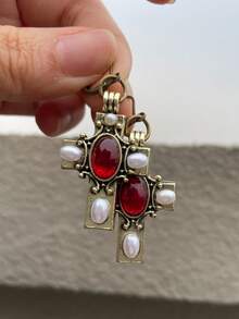 2pcs Vintage Imitation Pearl Ruby Cross Earrings Gothic Style Antique Bronze Metal Women's Pendant Earrings Suitable For Holiday Party Anniversary - Màu Đồng Cổ - Xem 2