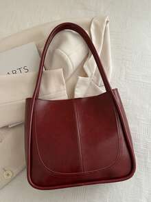 Vintage Burgundy Women's Fashion Casual Matching PU Solid Color Stitched Large Capacity Tote Bag, School Bag, Large Capacity, Portable, Classic Casual, Business Casual, Suitable For Teenage Girls, College Students, White-Collar Workers, Very Suitable For Work, Back To School, Middle School, High School, University, Holidays