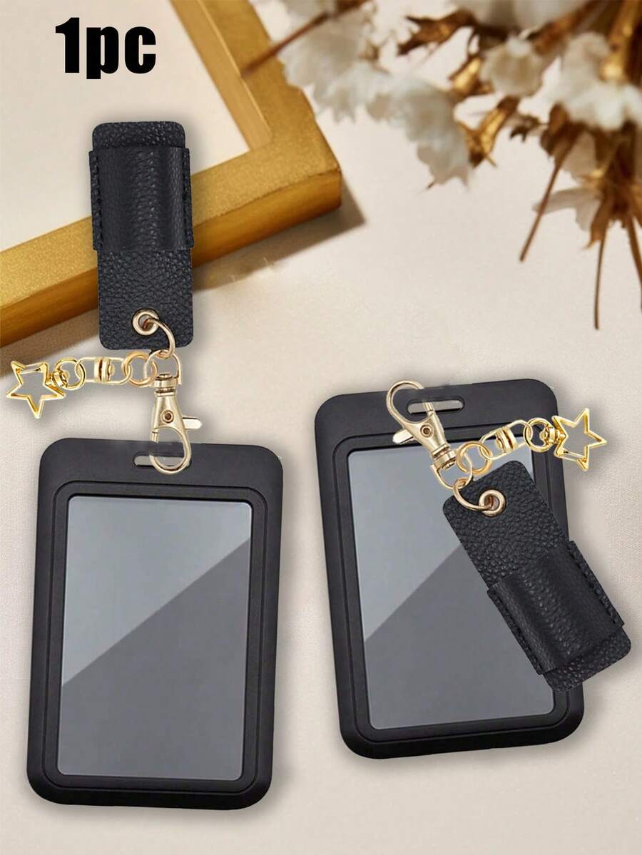 Elegante portacartas negro con clip de cuero y cadena de metal - Detalles con encanto de estrella, protege tus tarjetas escolares y de oficina con estilo, protector de credencial durable con cierre , accesorio portátil para uso diario, oficina, transporte y regalos, tarjetas de comida, control de acceso al transporte público y metro, perfecto para volver al trabajo y la temporada de regalos navideños