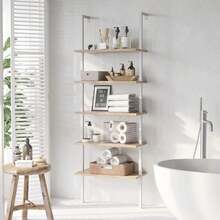 5-Tier Bookshelf, Wall Mount Ladder Shelf With Wood Board And Industrial Metal Frame, For Home Office, Living Room, Bedroom, Entryway And Hallway, (1, White/Oak) - 白色/橡木色 - 查看 2