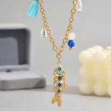 1pc 18K Gold Plated Minimalist Colorful Enamel Small Fish Pendant Stainless Steel Necklace, Suitable For Women's Daily Wear And Gift