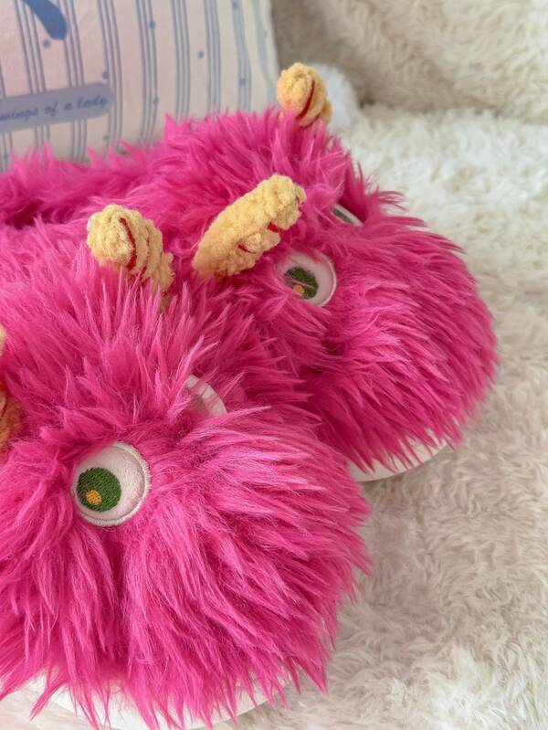 Damen Fuchsia Cartoon Tier Plüsch Plateau Lustige Monster Hausschuhe, geeignet für Halloween Party und Zuhause, Herbst/Winter