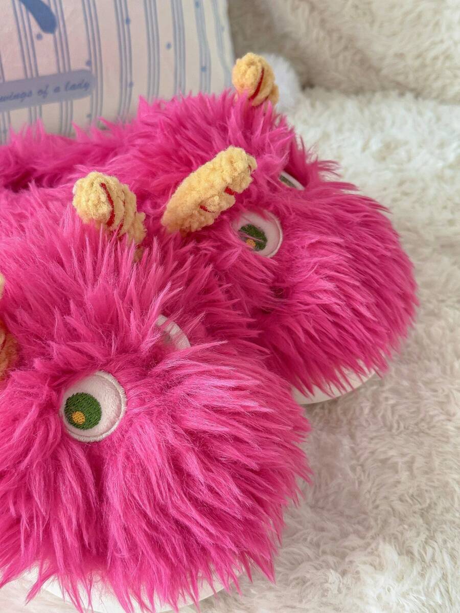 Damskie kapcie w kolorze fuksji z pluszową podeszwą i zabawnym motywem potwora, idealne na imprezę halloweenową i do noszenia w domu, jesień/zima