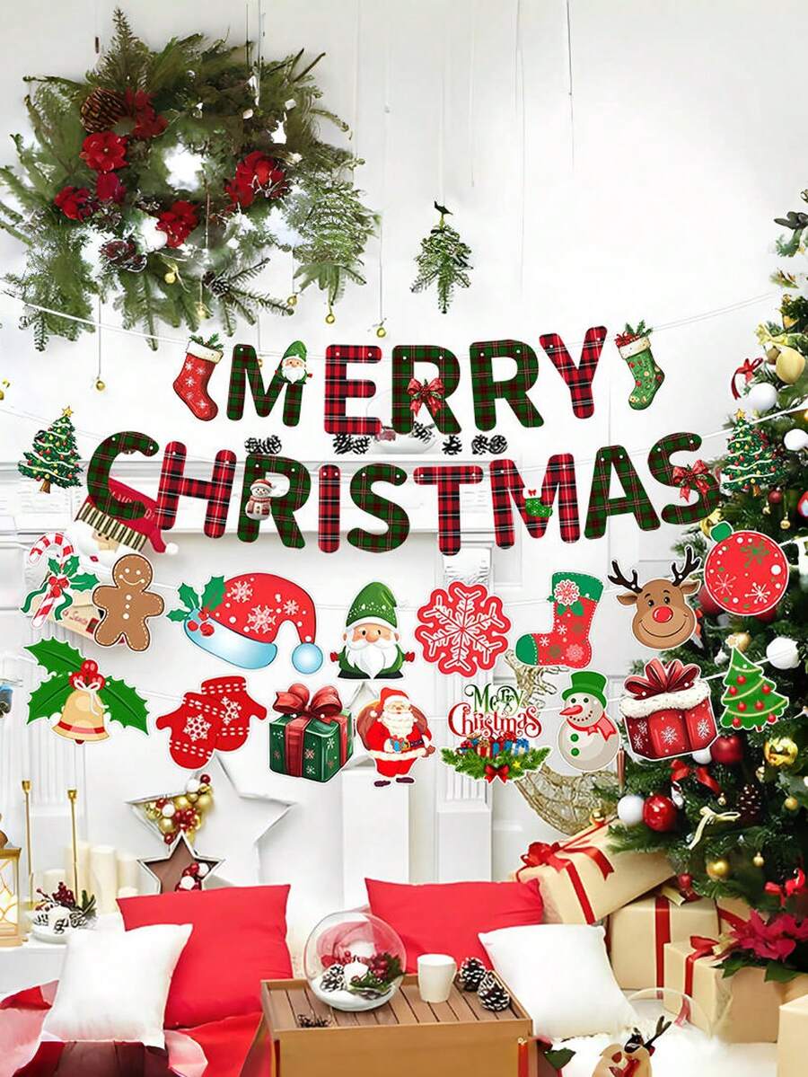 8 Peças Faixa de Natal Festiva com Letras Feliz Natal, Faixa de Papel Feliz Natal, Decoração de Festa com Bandeiras Vermelhas e Verdes Vintage do Papai Noel, Faixa Feliz Natal, Faixa de Natal Festiva, Guirlanda de Cartas do Papai Noel em Papel Grosso, Decoração de Parede para Feriados, Cenário para Fotos - Papai Noel, Biscoito de Gengibre, Boneco de Neve - Decoração Xadrez Rosa e Verde