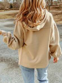 CILKOO Women's Solid Color Drop Shoulder Long Sleeve Zipper Front Hooded Casual Regular Jacket - Khaki - View 3