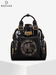 Bolso de mano negro para mujer con patrón de diamantes calientes con elefante y cremallera dorada. Mochila de gran capacidad. Estilo de moda de lujo multifuncional con múltiples bolsillos. Adecuado para fiestas, cenas, actividades al aire libre y viajes.