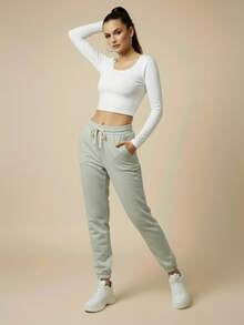 Women's Plush Jogger Sweatpants With Drawstring And Pocket | Winter Pants, Cold Weather Clothing, Comfortable, Warm, Casual, Thermal - 淡綠色 - 查看 4
