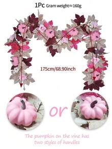 1 Stück 68.9Inch Künstlicher Ahornblatt Rattan Herbst Ahornblatt Kranz, rosa Schaumkürbis Dekoration für Erntedankfest, Hochzeit, Party, Esszimmertisch, Kamin, Haustür Dekoration - zc-Thanksgiving-Rattan 04 - Übersicht 9