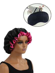 Elegant Nightcap And Sleep Eye Mask Set, Satin With Ruffle Design - Double Layer, Elastic Band - Women's Soft Polyester Hair Cap, Breathable Blackout Eye Mask, Travel Aid Sleep Mask, Relieve Eye Fatigue, Suitable For Daily Sleep, Hotel Stay, Long-Distance Travel - Black - View 9