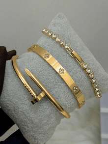 3pcs Stainless Steel Nail & Four-Leaf Clover Bracelet Set, Suitable For Women's Daily Wear, Christmas Gift, Holiday Gifting - SGS079 - View 18