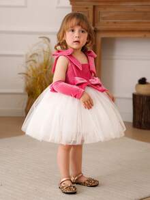 Rochie elegantă de petrecere pentru fetițe, din catifea fuchsia, cu plasă albă în contrast, rochie de prințesă, potrivită pentru petrecerea de prima aniversare, ținută de nuntă pentru fetițe cu flori - Roz fierbinte - Vizualizare 5