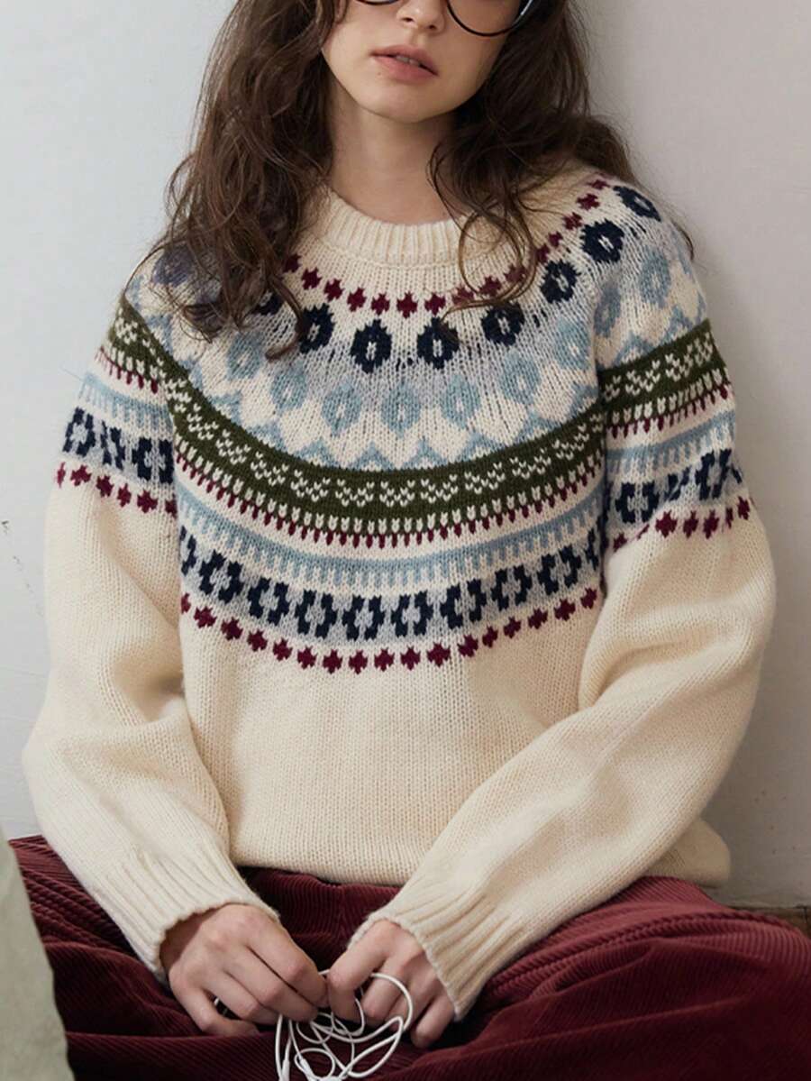 Alicedudu 女士秋冬舒适费尔岛图案圆领套头针织毛衣 - 彩色 - 查看 1