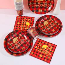 圣诞驯鹿圣诞帽圣诞快乐一次性盘子、餐巾、杯子、派对用品，可供 30 位客人使用，一次性纸盘适合生日、婚礼、派对、家庭野餐 - 彩色 - 查看 3
