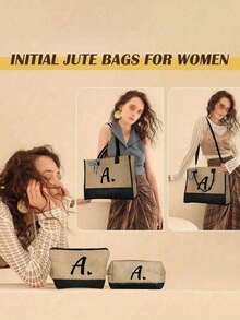 A-Z字母黑色帆布/亚麻手提袋，带化妆包，个性化礼品袋，适合婚礼、生日、海滩、度假、上学等场合，是送给女性、妈妈、老师、朋友、伴娘、学生的绝佳礼物。大容量手提袋，简约设计，便携休闲收纳袋。 - 彩色 - 查看 6