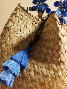 JNIJLI 1 件波西米亚度假复古风格流苏手工草编水桶包、手提包、法式复古编织包，适合日常通勤、时尚商务休闲、旅行、海滩婚礼、野餐、度假、海滩，是送给女性、母亲、老师、朋友、伴娘的最佳礼物，配有流苏吊饰 - 藍白色 - 查看 4