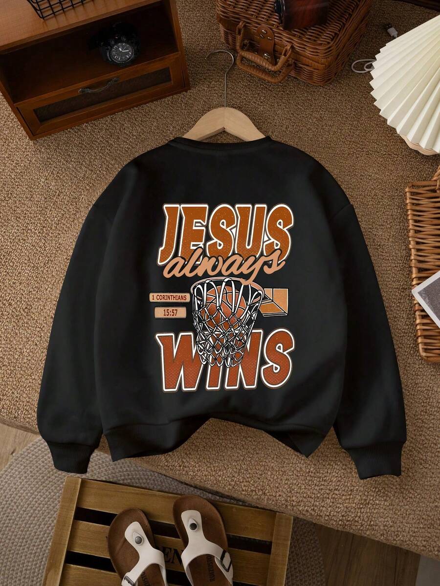 Tween Boy Basketball Style Of Play Print Round Neck Long Sleeve Sweater Pullover Autumn Winter Style - Black - View 1