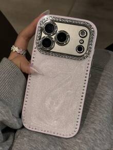 奢华激光水钻纹理手机壳，兼容 17 Pro Max/16 Pro Max/15/14/13，珍珠手链设计，防震保护，硬质边框 - 粉色 - 查看 6