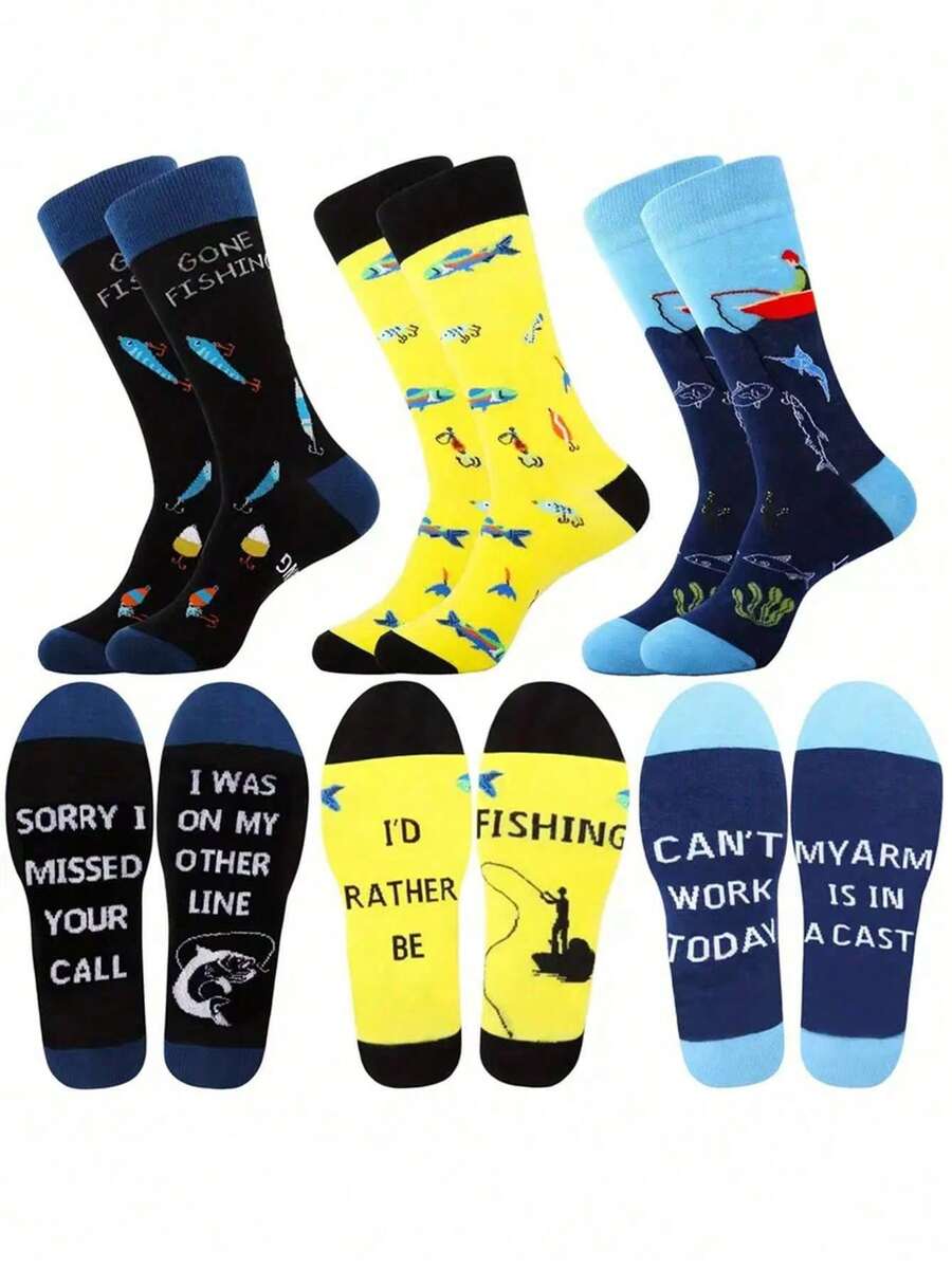 1/3pairs Fishing-Themed Fun Socks | Humorous Design, Comfortable & Breathable, Perfect Gift For Fishing Enthusiasts