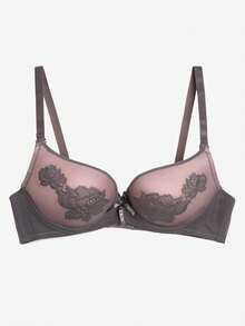 Sujetador con push-up con lazo decorativo y rosas - Gris - Ver 4