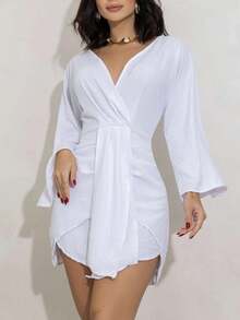 Women's Short Dress Long Sleeve Flare Duna Loose Sensual Neckline Foreign Fashion 2025 - trắng - Xem 2