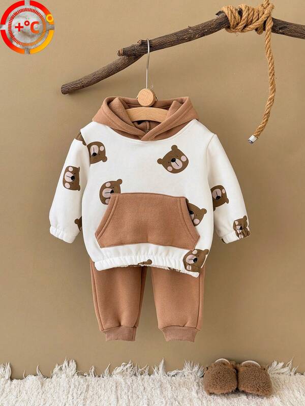 2ชิ้น/เซ็ต เด็กเล็ก เด็กผู้ชาย ลายหมี เสื้อมีฮู้ดผ้าฟลีซ เสื้อสเวตเตอร์ และกางเกง ชุดหนา ฤดูใบไม้ร่วง/ฤดูหนาว